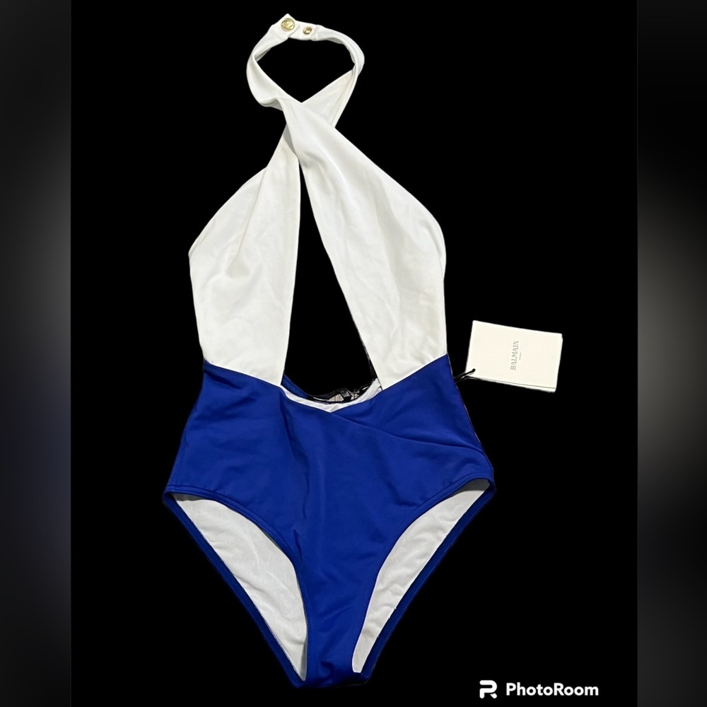 Balmain Elegant Blue and White Halter Swimsuit